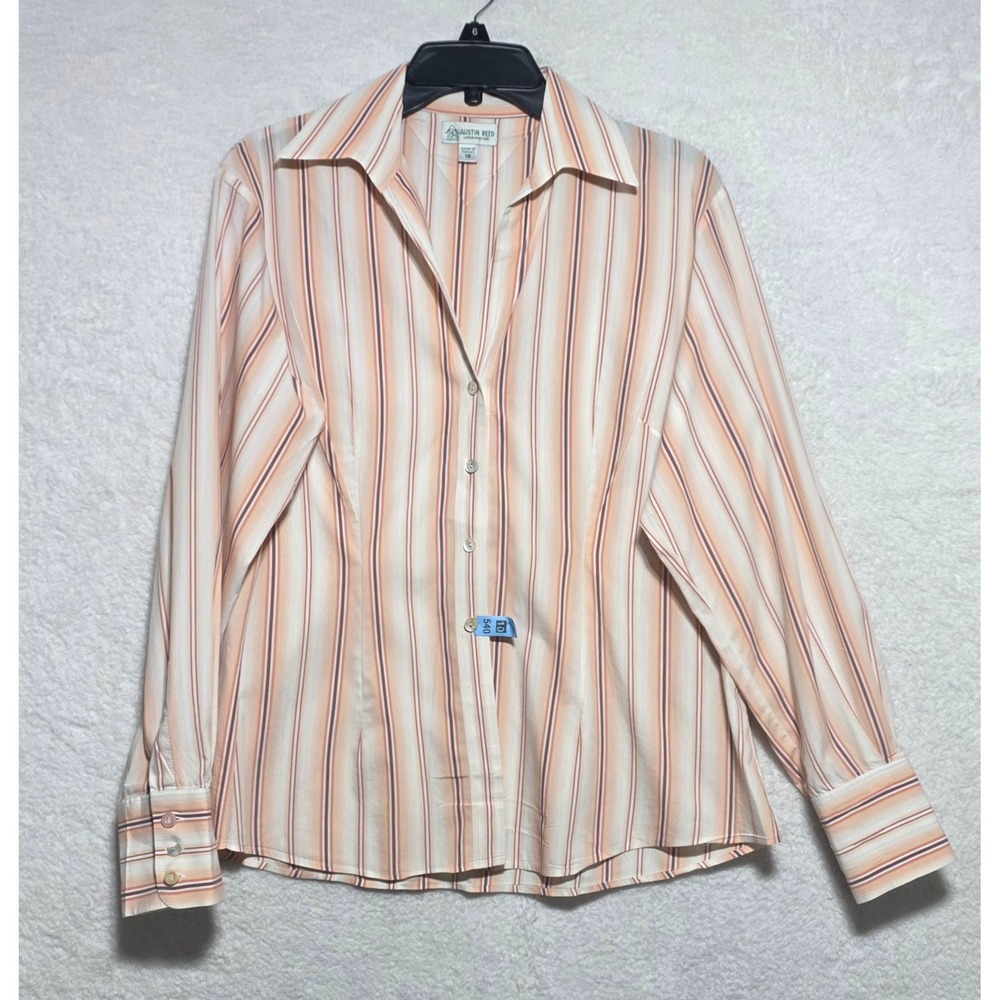 Austin Reed Women's 16 Orange Striped Long Sleeve Button Down Blouse Officecore
